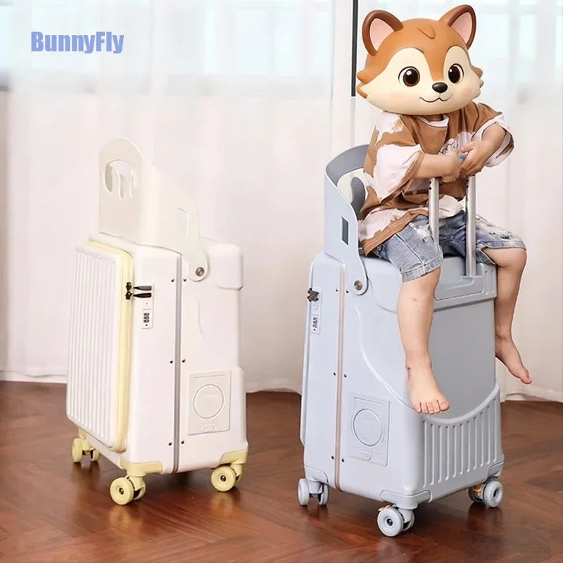BunnyFly Children 20 Inch Carry-On Can Sit Lazy Luggage Travel Suitcase Girl Rolling Stroller Boarding Box Trolley Luggage