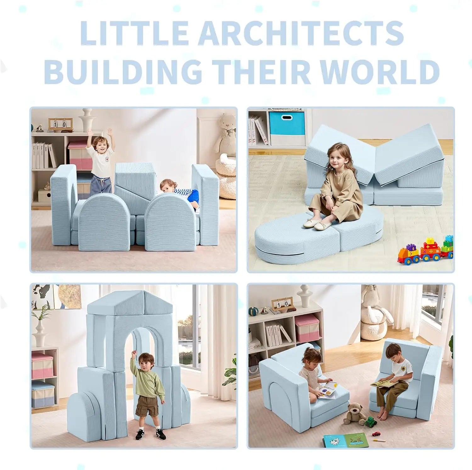 10PCS Toddler Couch, 10-in-1 Multifunctional Kids Sofa for Playroom, Corduroy Light Blue