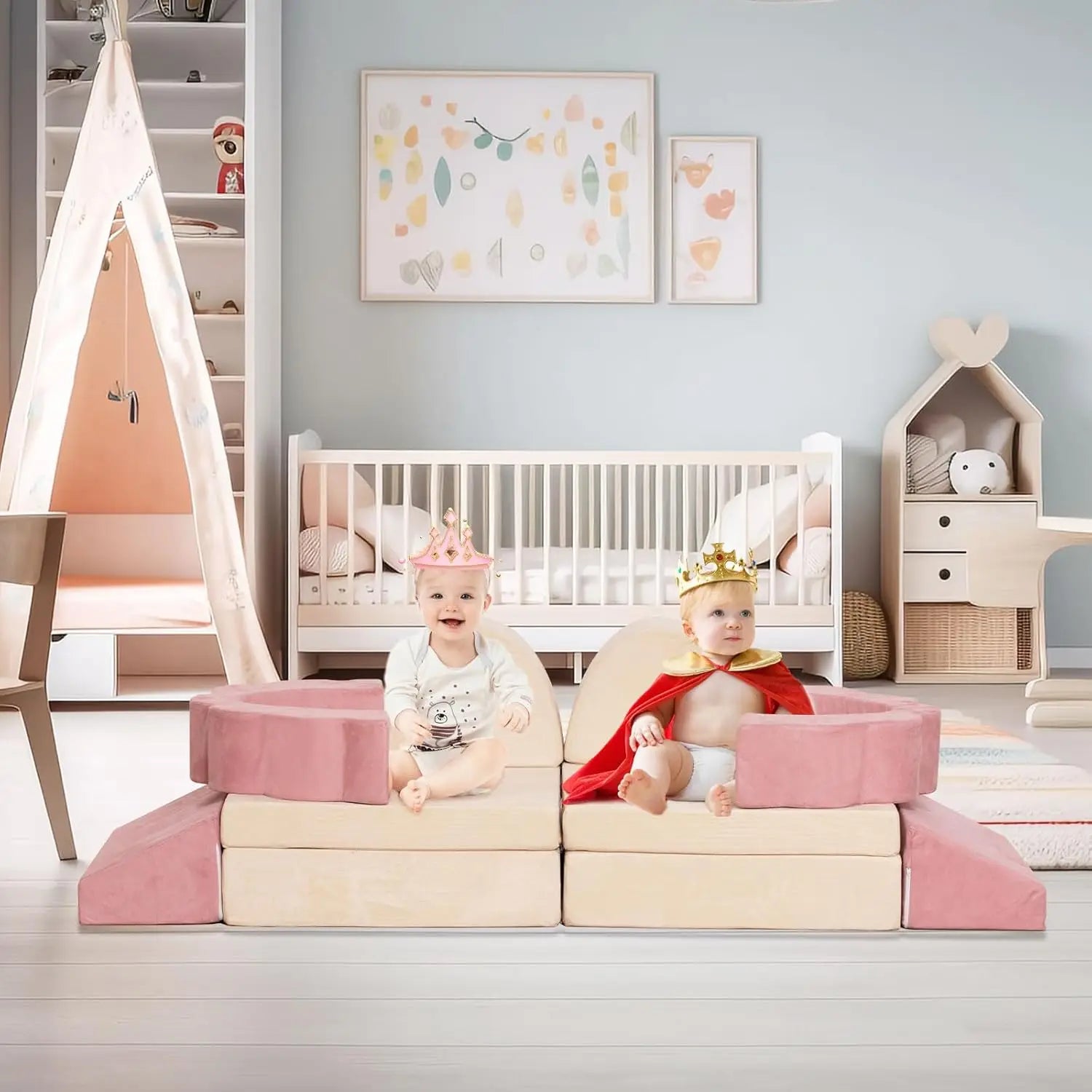 Kids Play Couch 10PCS High Density Foam Sectional Sofa for Toddlers, Pink