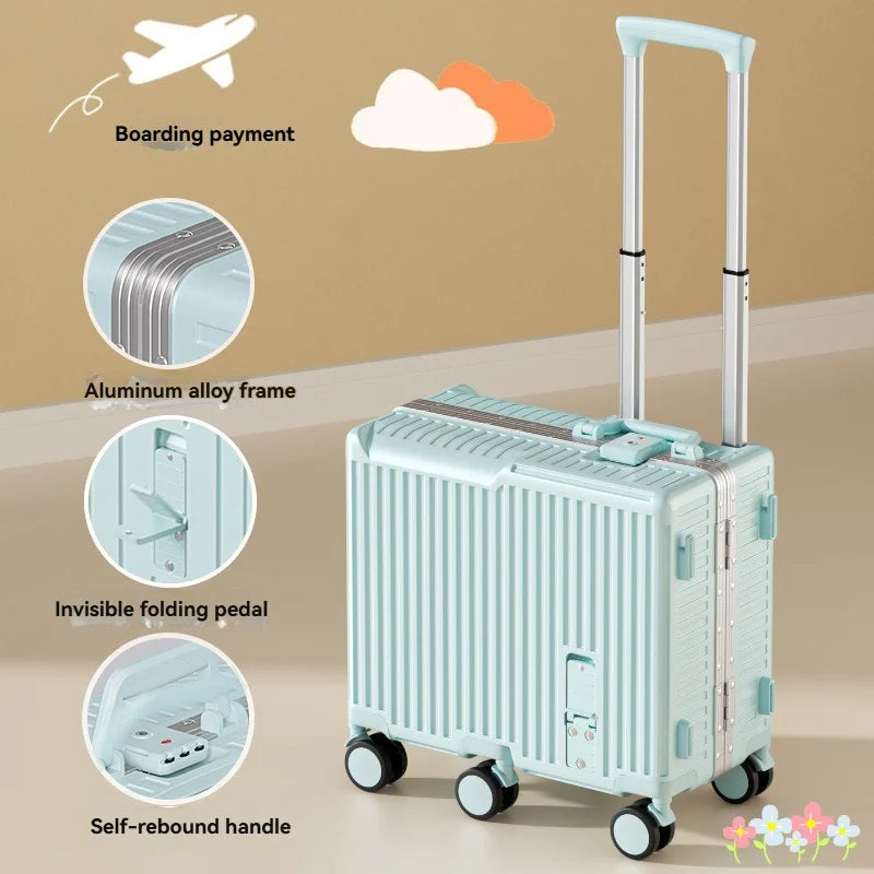 Ride-On Kids' Aluminum-Frame Luggage: 20-Inch Carry-On Rolling Suitcase with Combination Lock for Boys & Girls