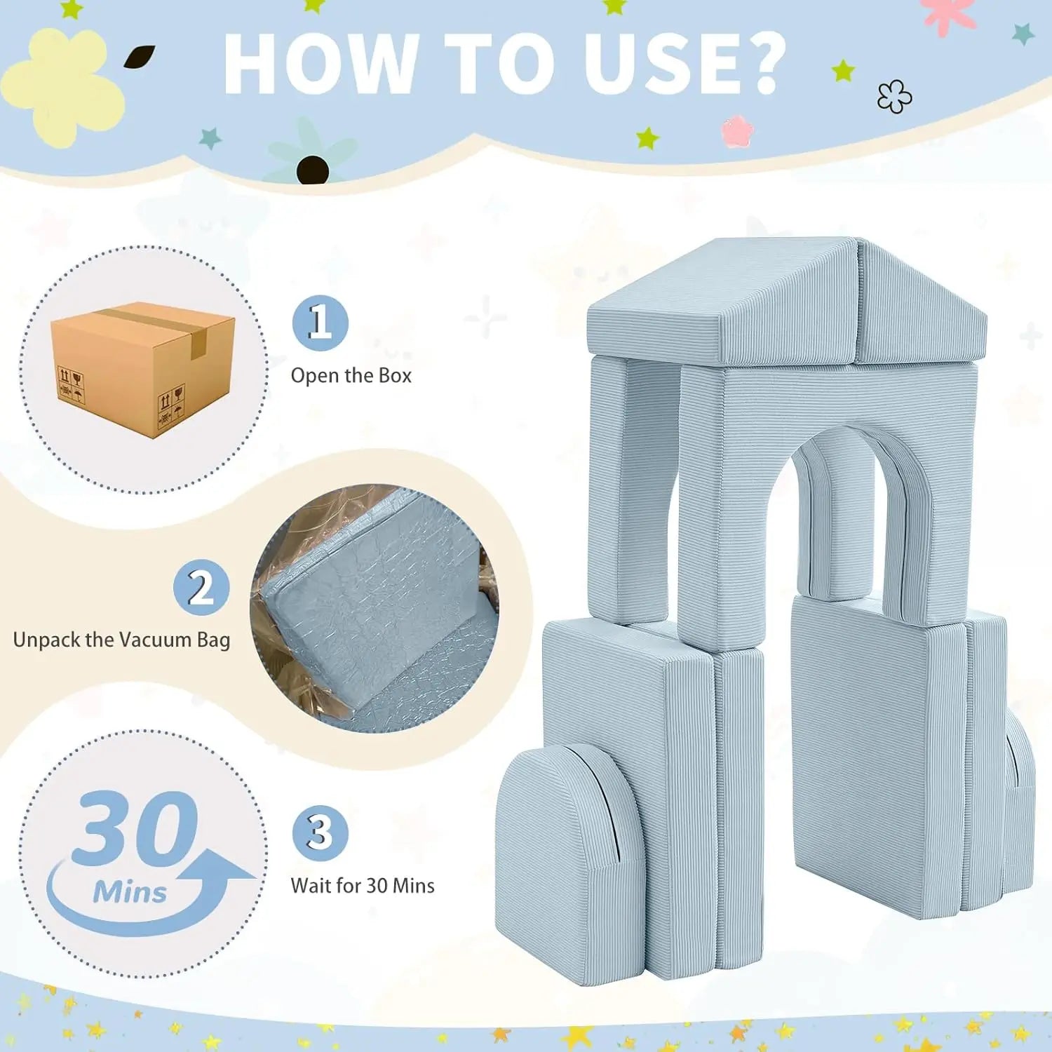 10PCS Toddler Couch, 10-in-1 Multifunctional Kids Sofa for Playroom, Corduroy Light Blue