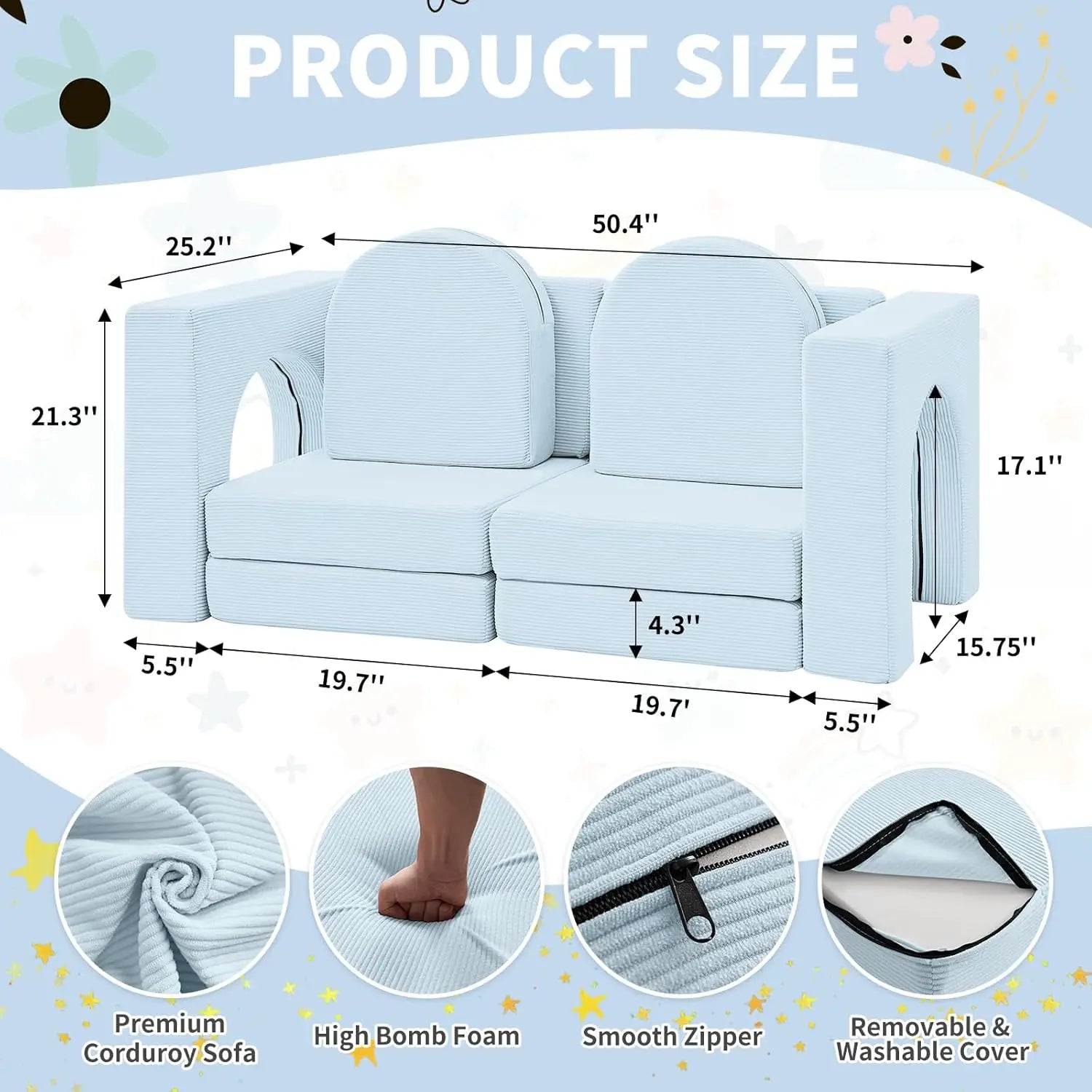 10PCS Toddler Couch, 10-in-1 Multifunctional Kids Sofa for Playroom, Corduroy Light Blue