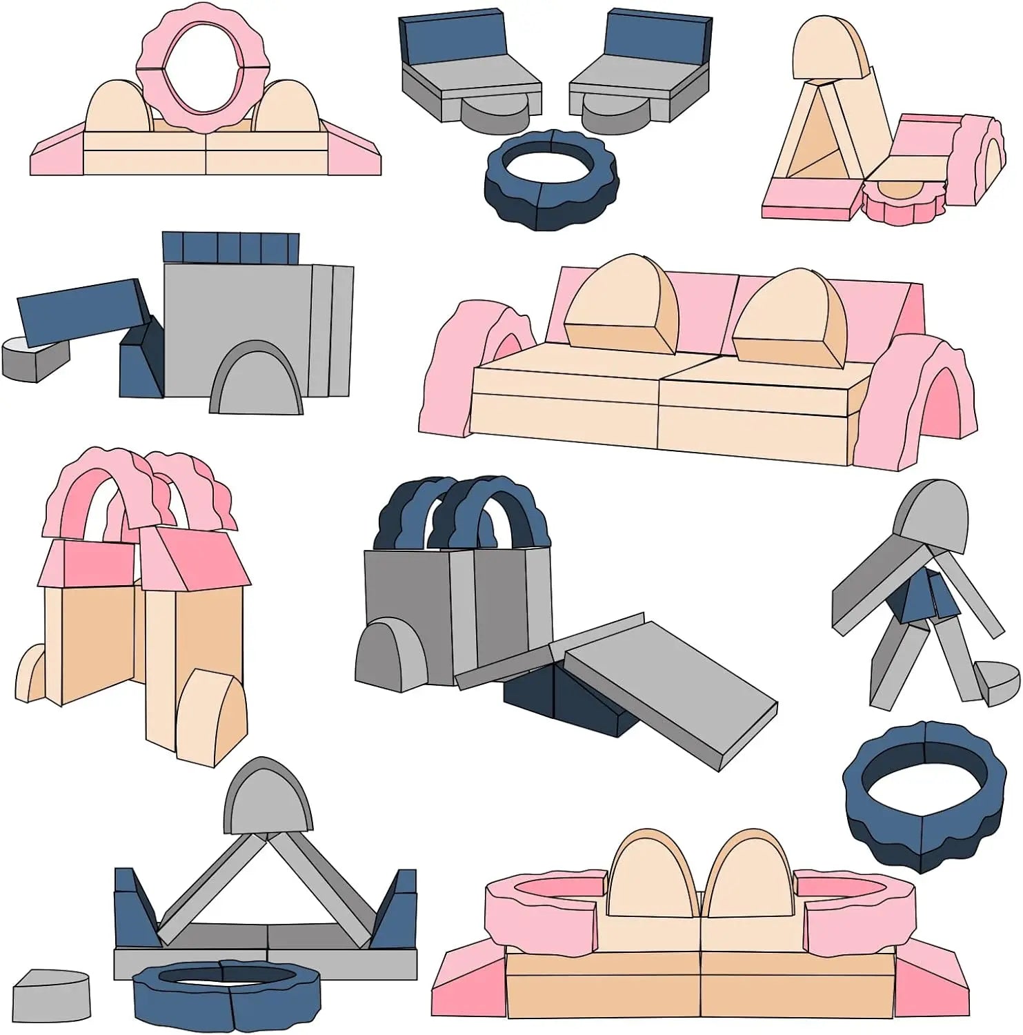 Kids Play Couch 10PCS High Density Foam Sectional Sofa for Toddlers, Pink