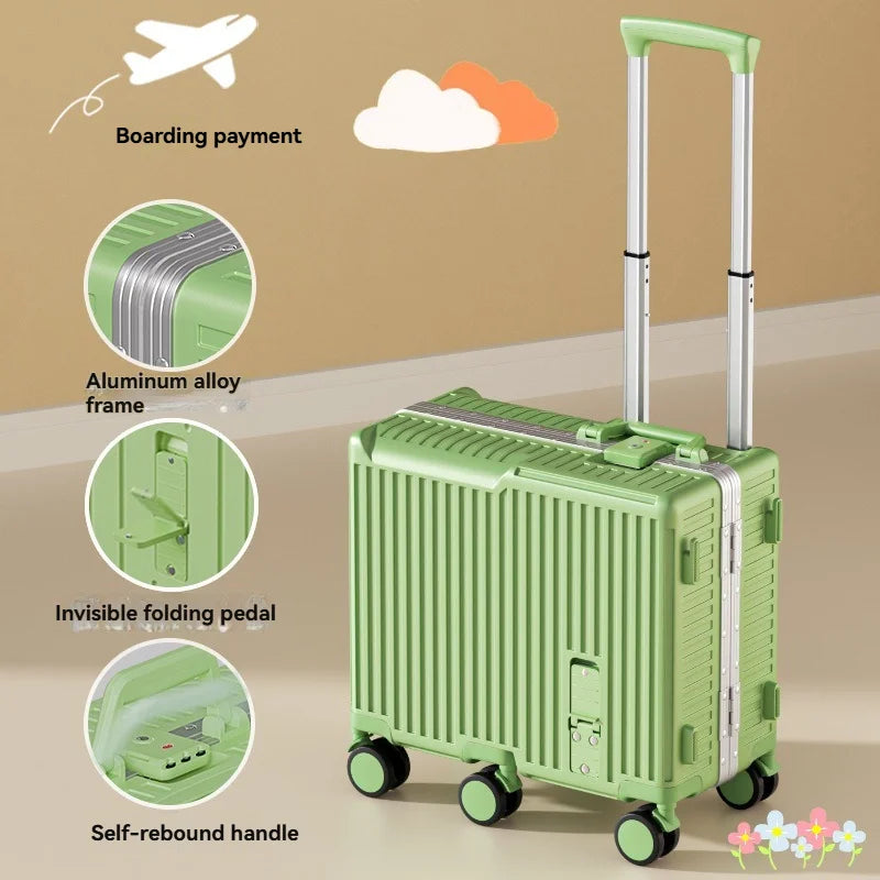 Ride-On Kids' Aluminum-Frame Luggage: 20-Inch Carry-On Rolling Suitcase with Combination Lock for Boys & Girls