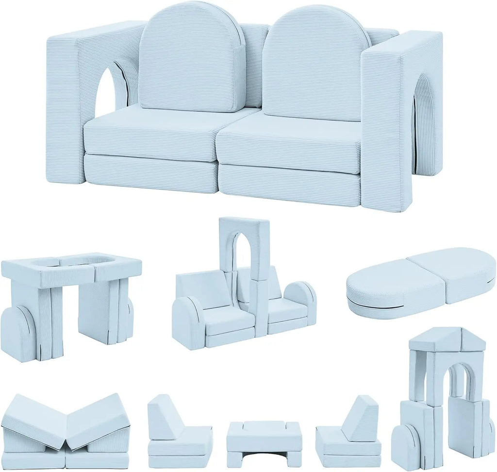 10PCS Toddler Couch, 10-in-1 Multifunctional Kids Sofa for Playroom, Corduroy Light Blue