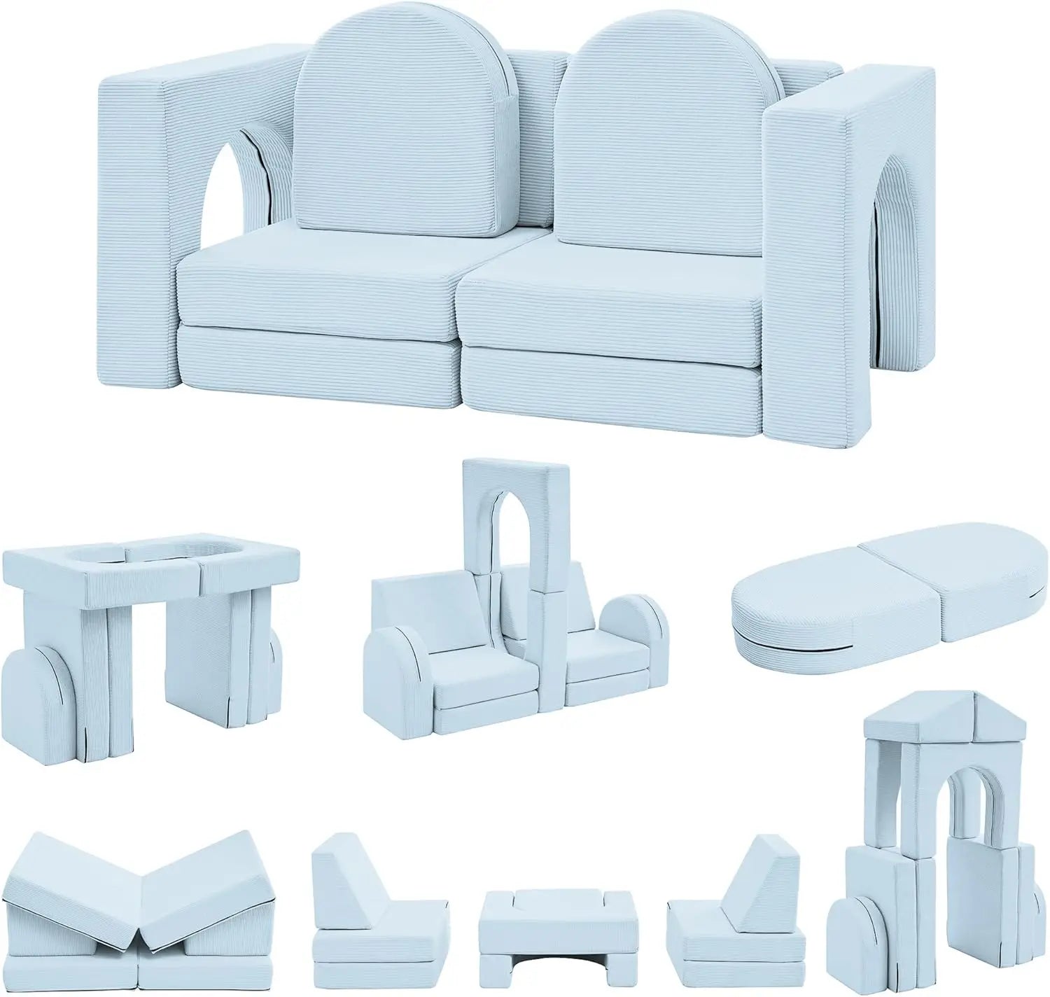 10PCS Toddler Couch, 10-in-1 Multifunctional Kids Sofa for Playroom, Corduroy Light Blue
