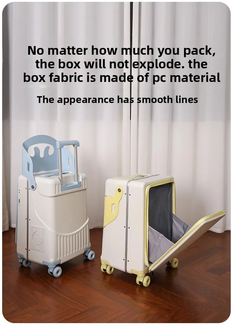 BunnyFly Children 20 Inch Carry-On Can Sit Lazy Luggage Travel Suitcase Girl Rolling Stroller Boarding Box Trolley Luggage