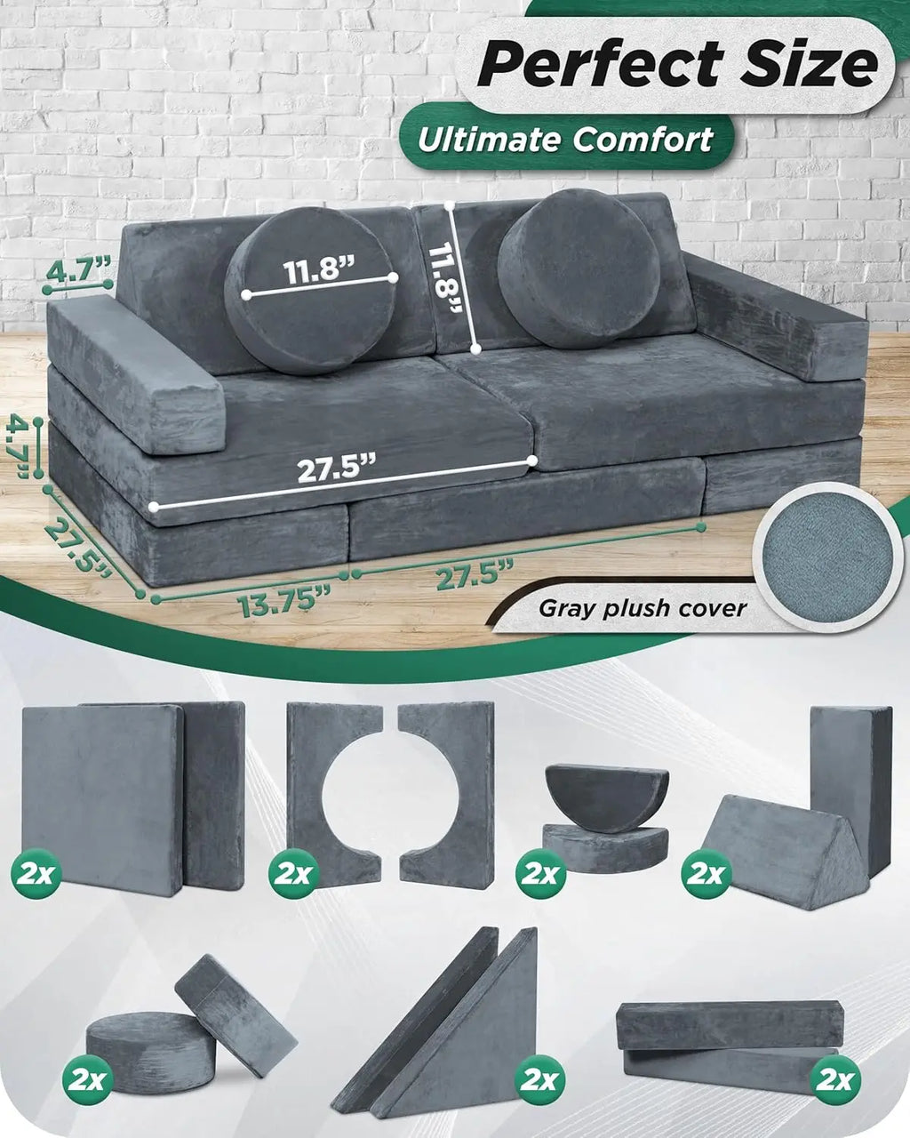 14pcs Modular Kids Play Couch, Convertible Sofa for Toddlers, Gray Foam Floor Cushion for Boys and Girls