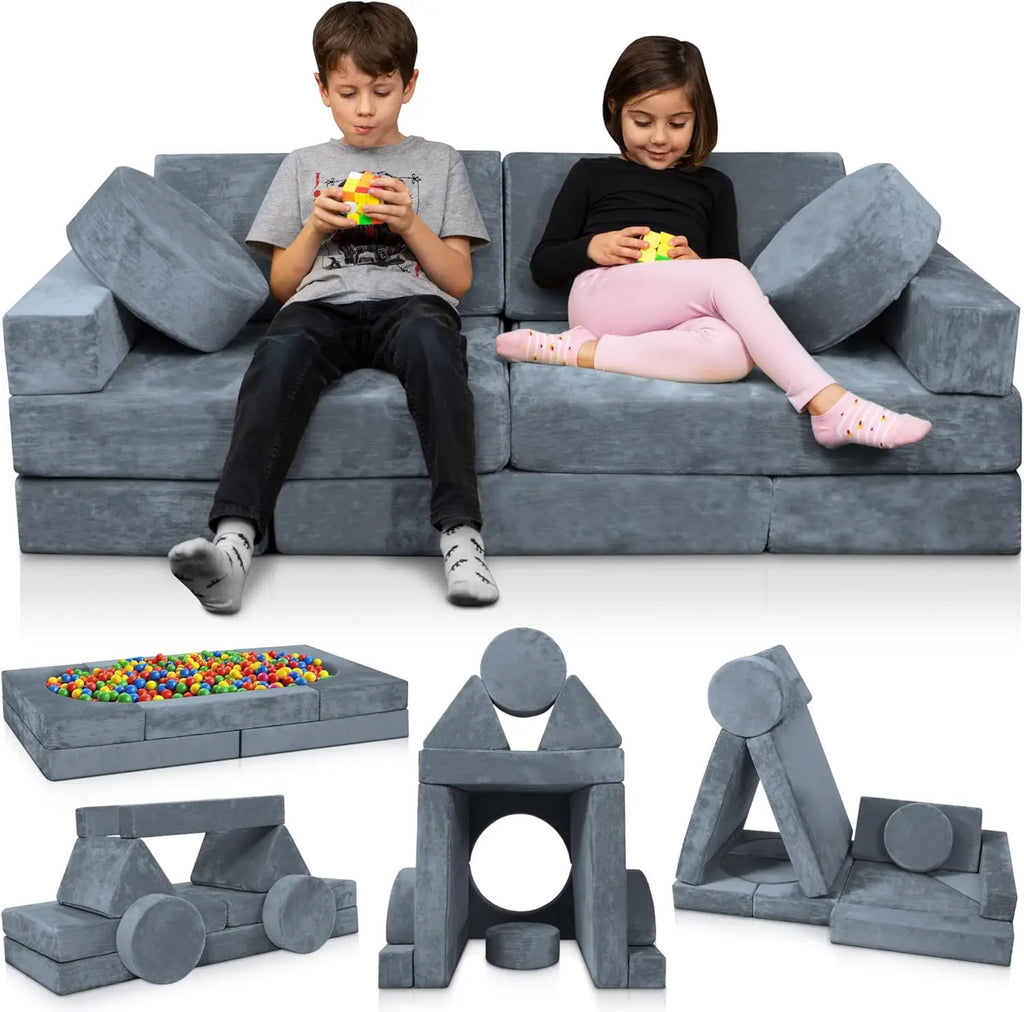 14pcs Modular Kids Play Couch, Convertible Sofa for Toddlers, Gray Foam Floor Cushion for Boys and Girls