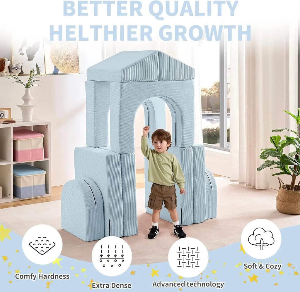 10PCS Toddler Couch, 10-in-1 Multifunctional Kids Sofa for Playroom, Corduroy Light Blue